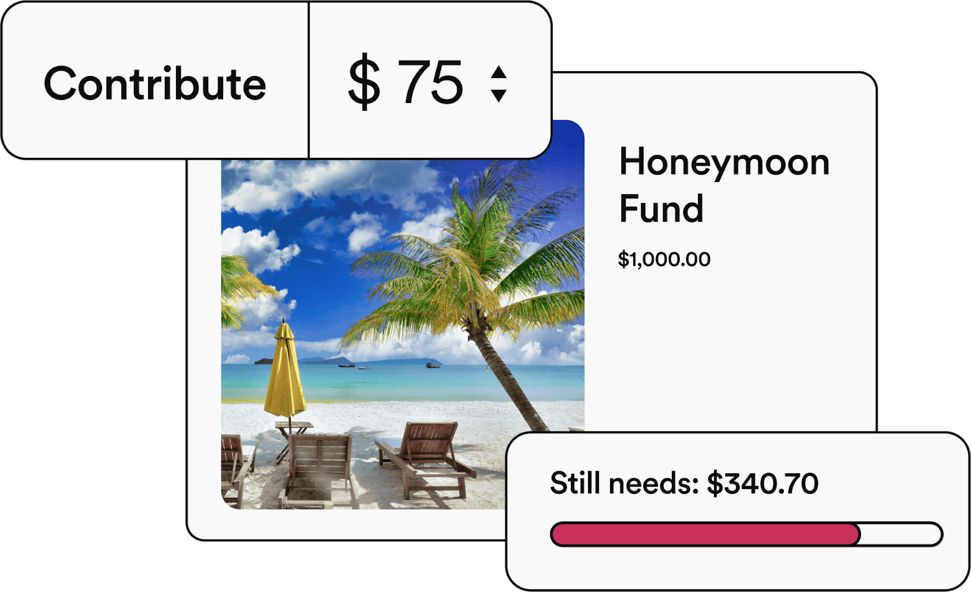 Honeymoon fund... Contribute: $75.00. Still needs: $340.70.